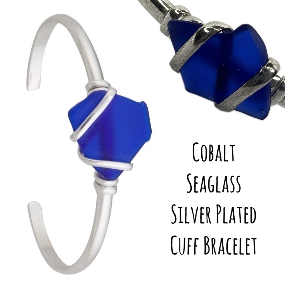 Cobalt Seaglass Silver Bracelet Cuff (Silver Plated) By Charles Albert